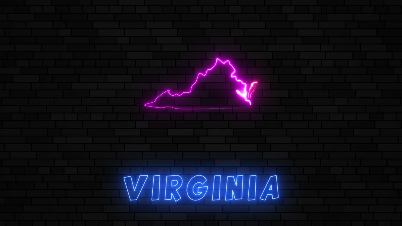 la silueta del mapa de la mancomunidad de virginia con una línea de neón en un fondo de pared de ladrillo oscuro