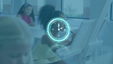 animation of illuminated digital clock over diverse children learning drawing in classroom