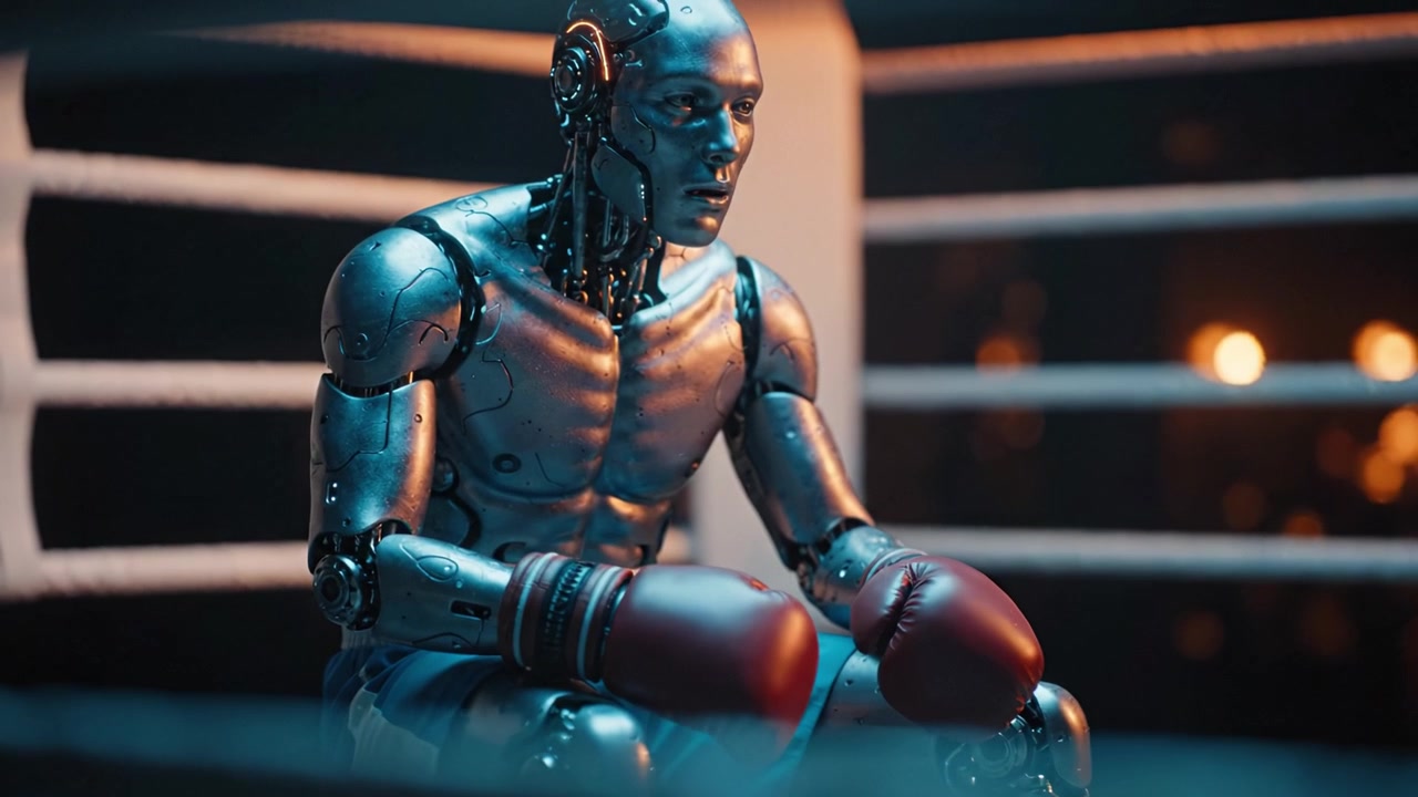 A futuristic robotic boxer in a boxing ring, appearing contemplative and resting between rounds, showcasing advanced technology and human-like features in a dramatic setting.