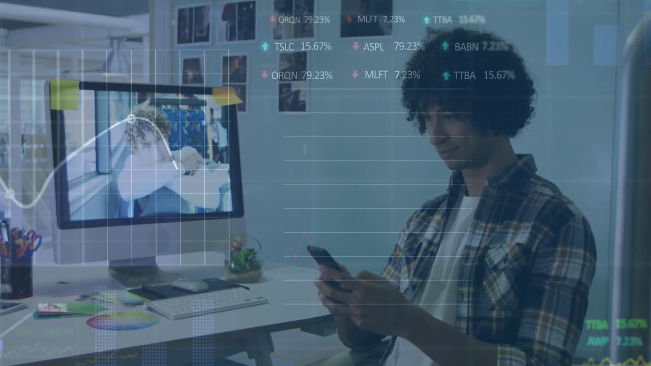 Animation of statistical, stock market data processing over biracial man using smartphone at office