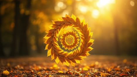 vibrant autumn swirl: a stunning display of golden leaves creating a captivating pattern amidst the warm glow of fall's natural light