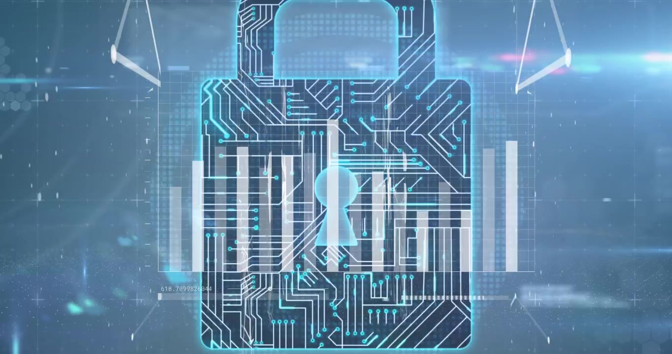 Animation of multiple folder icons over statistical data processing and security padlock icon