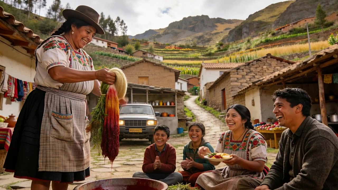 Lifting standing artisan in hat after dipping wool in basin, showing dyeing to family, copy space