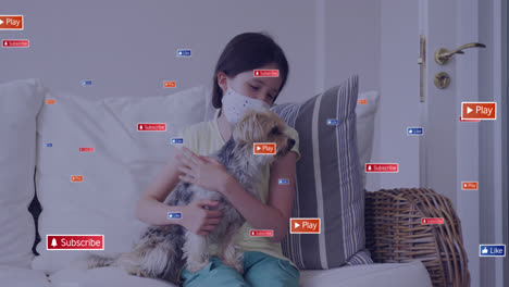 animation of notification icons over caucasian girl wearing mask holding dog on sofa at home