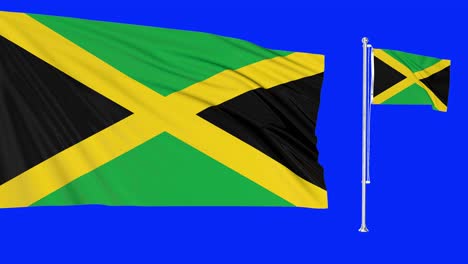 green screen hiper realistic loop of jamaica two flags waving in the wind jamaican flagpole fluttering with highly detailed fabric texture animation 4k 3d chroma key