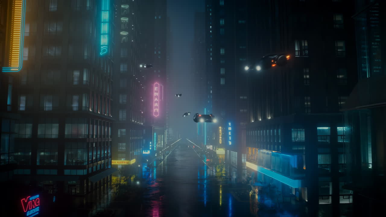 Futuristic Cyberpunk City Street at Night with Flying Vehicles