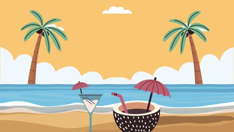 escena de playa tropical con bebidas