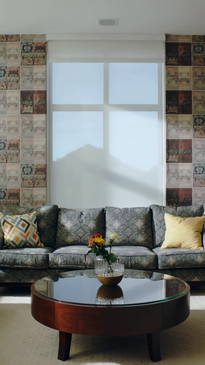 Vertical video: Shifting sunlight crossing shade, casting shadows across sofa and glass table