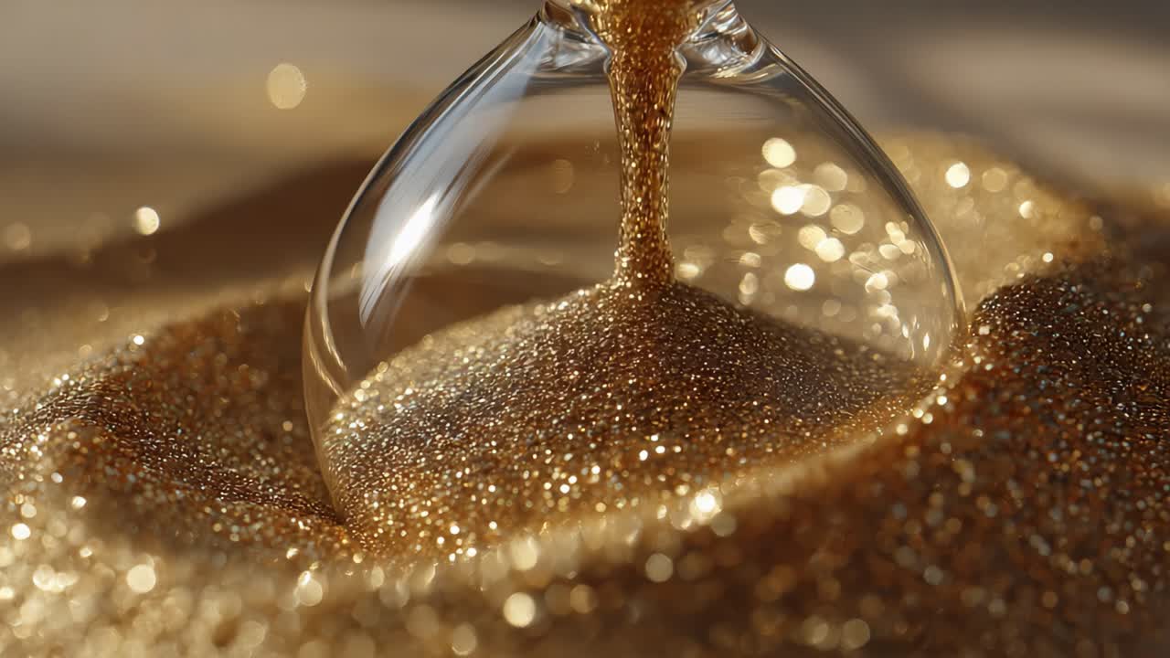 Captured Moments of Time: A Close-Up on the Flow of Glittering Sand Through an Hourglass, Highlighting the Beauty and Transition of Time's Passage