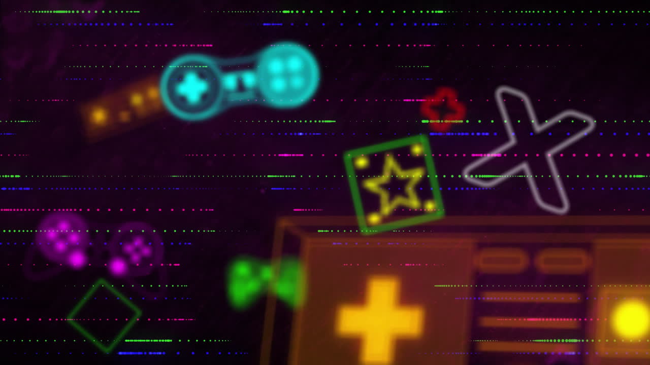 Neon game controllers and icons animation over glitchy background