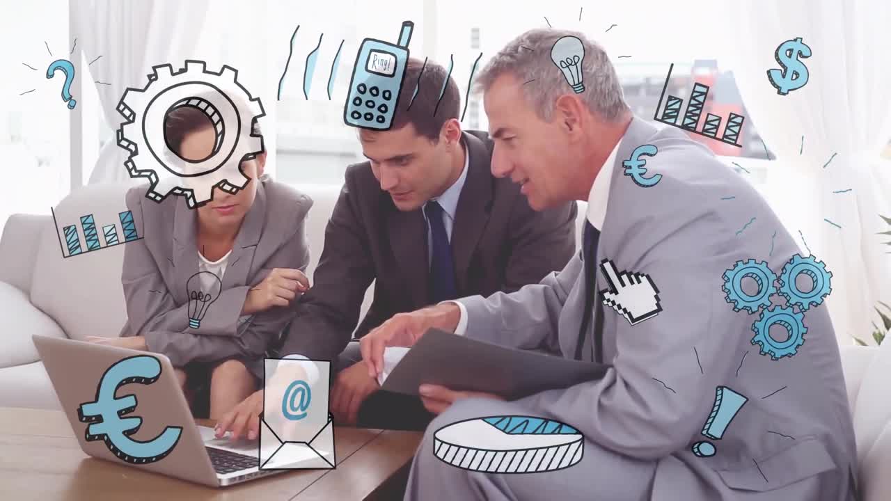 анимация нескольких цифровых иконок над различными бизнесменами, обсуждающими вместе на ноутбуке