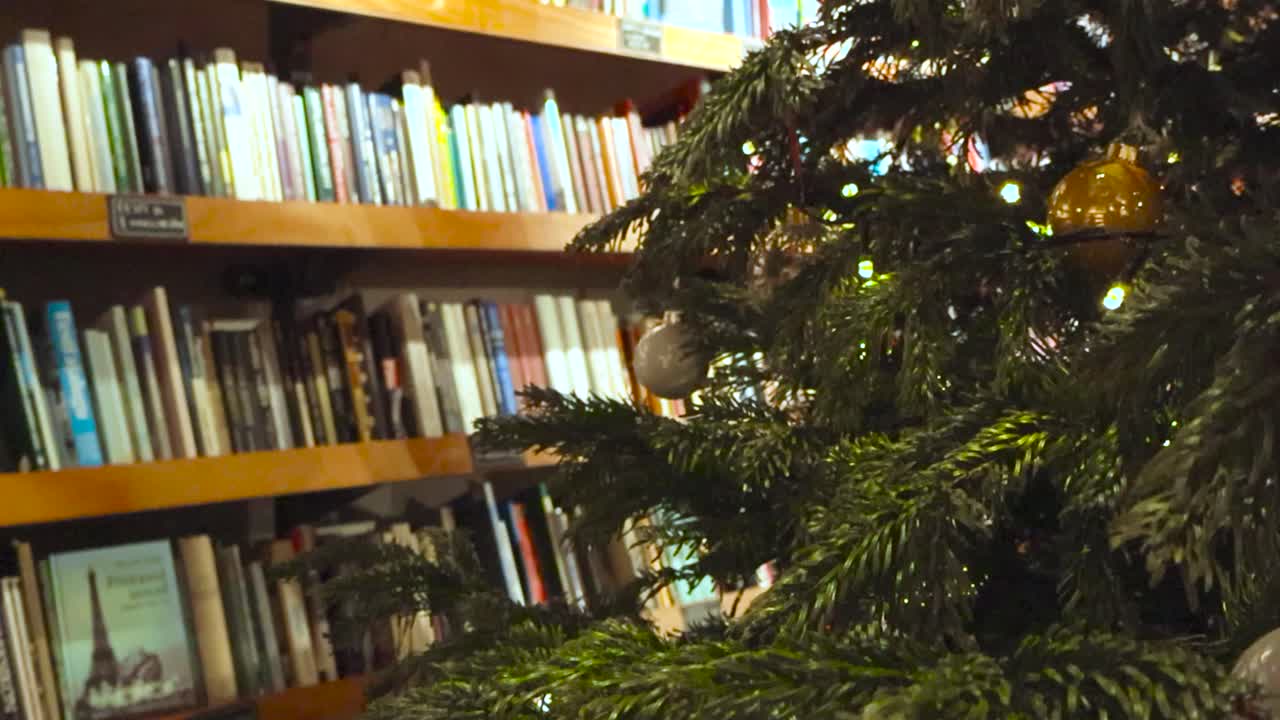 árbol de navidad bellamente decorado frente a libros y revistas vintage en una biblioteca o librería llamada read en tallin estonia durante las vacaciones. el árbol está decorado con bolas doradas brillantes.