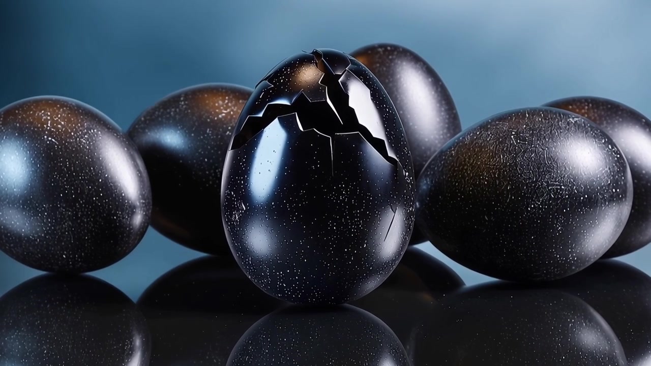Mysterious Black Speckled Egg Cracking on Reflective Surface