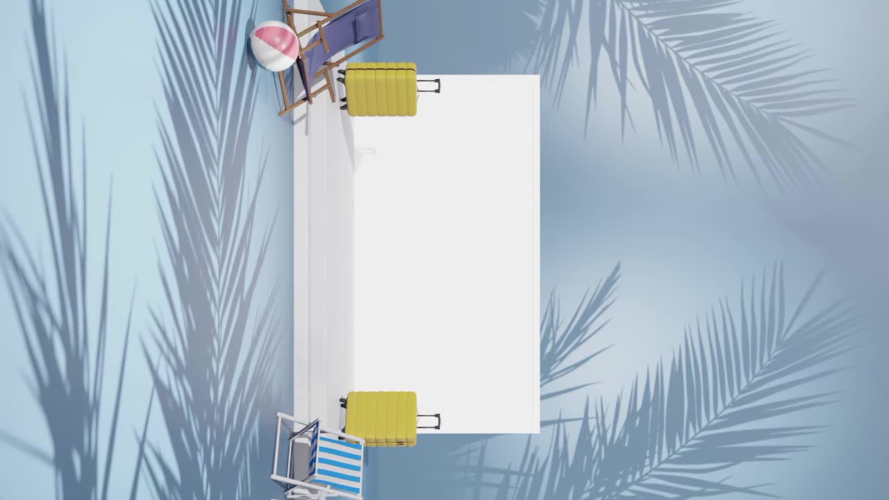 animación de renderización vertical 3d del producto espacio de copia vacío con configuración de luz y concepto de viaje con portátil y maleta en fondo azul de playa de palma tropical