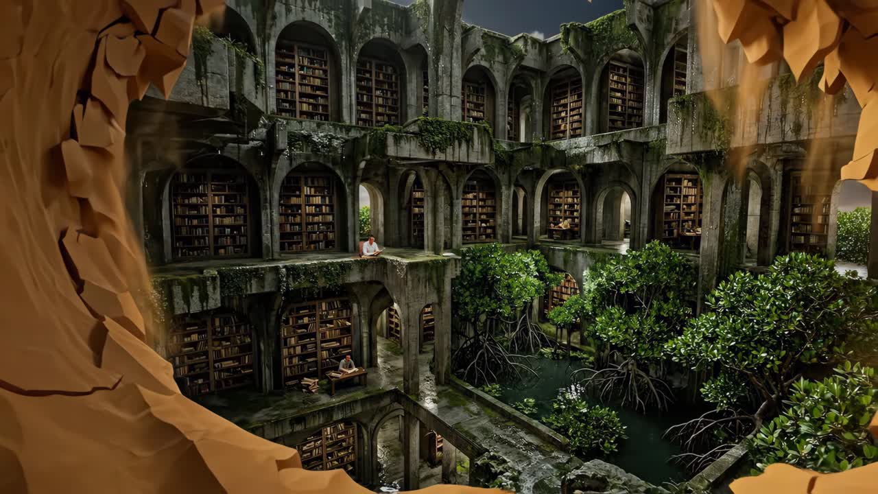 Le sable tourbillonnant révèle une ancienne bibliothèque avec des lecteurs dans une oasis du désert