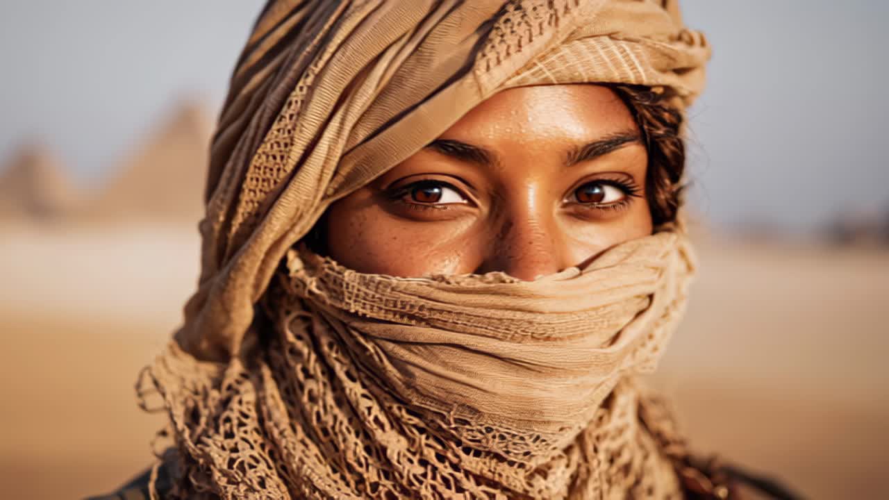 Primer plano cinematográfico de una mujer joven con un pañuelo tradicional del desierto cubriéndole el rostro, mirando a cámara al aire libre con luz cálida y dunas de fondo.
