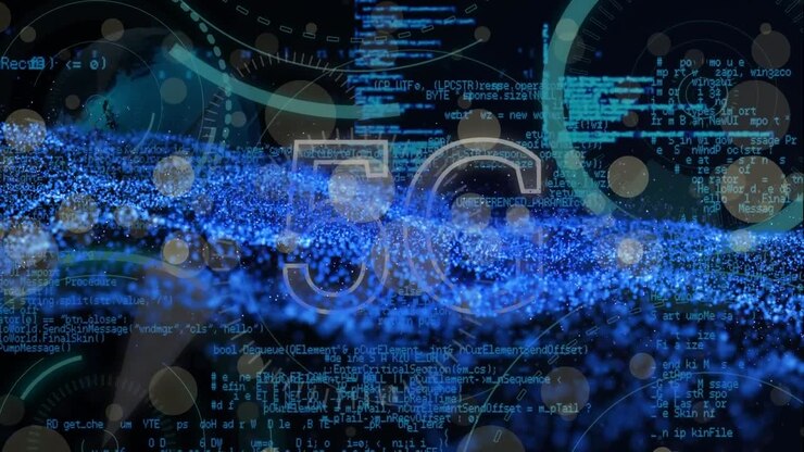 Animation of grey dots, 5g, data processing and glitter on black background