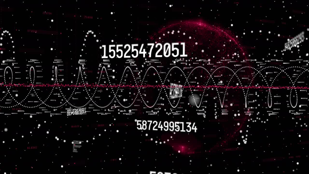 Animation of changing numbers and dots forming dna helix over globe on black background