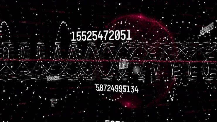 Animation of changing numbers and dots forming dna helix over globe on black background