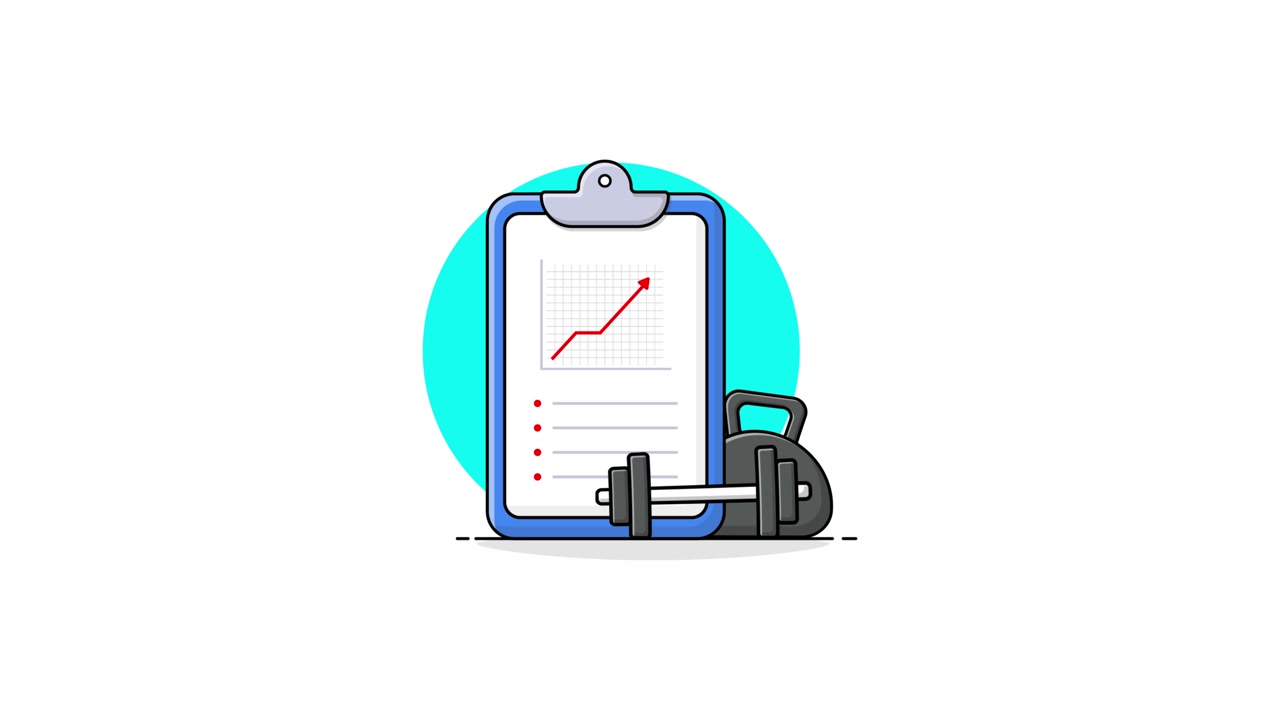 Grafico animato dei progressi fitness con attrezzature per l'allenamento.