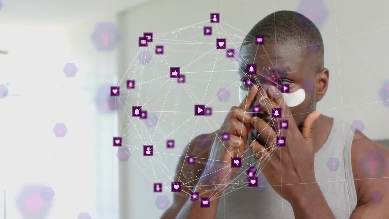 Man raising hands to face, applying under-eye patches for skincare, purple hexagons following