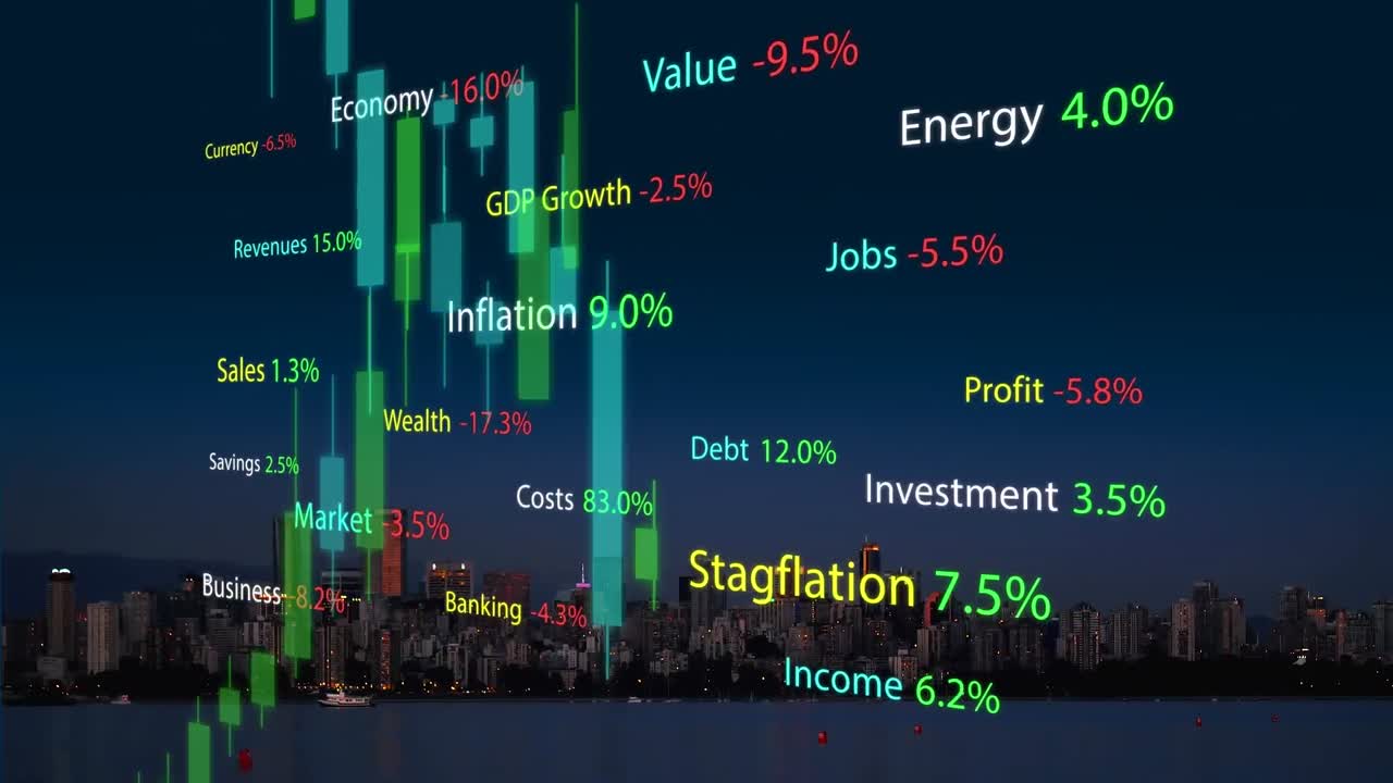 animación de gráficos y datos financieros sobre el paisaje urbano nocturno.