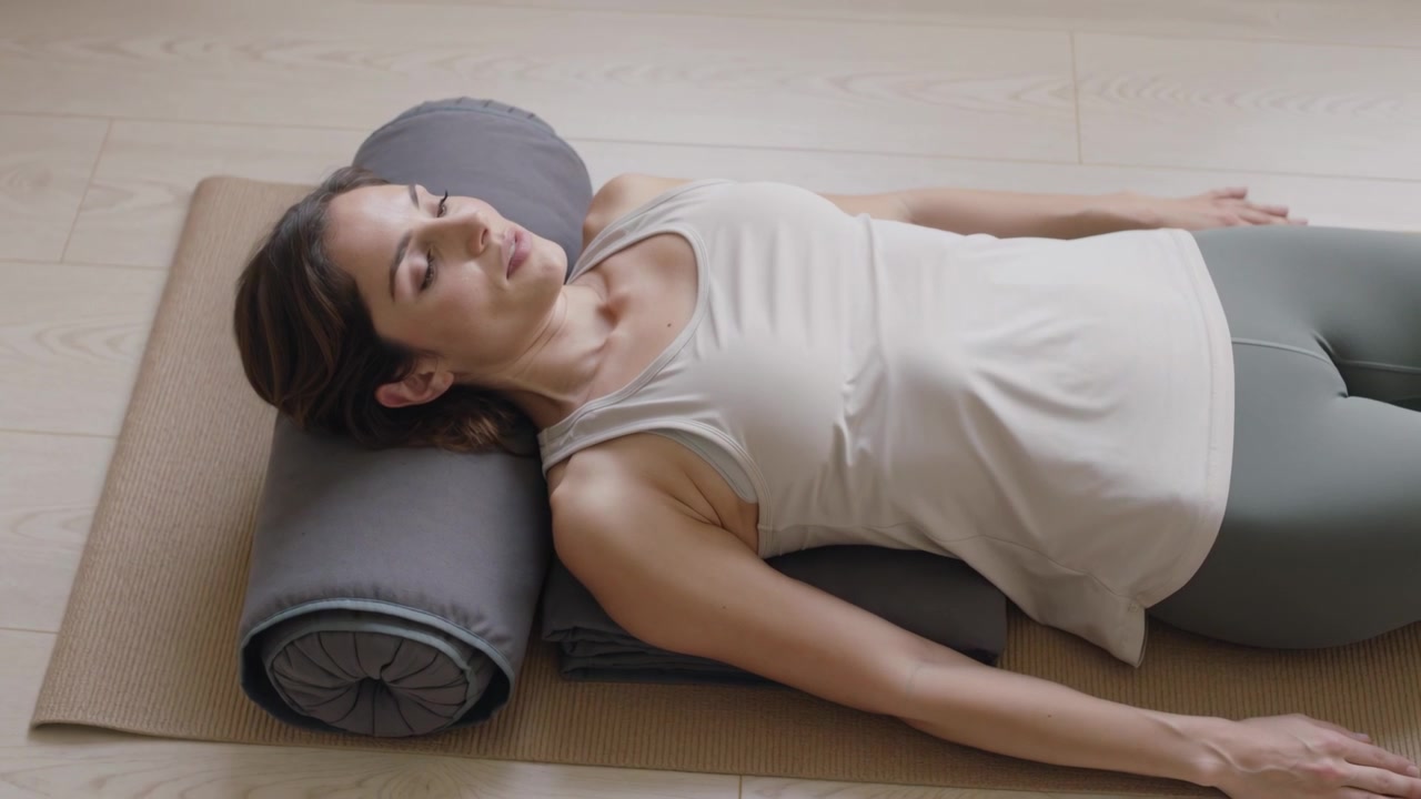 Mulher relaxando de regata bege e leggings verde-oliva, respirando em um tapete com almofadas de apoio em casa para descansar.