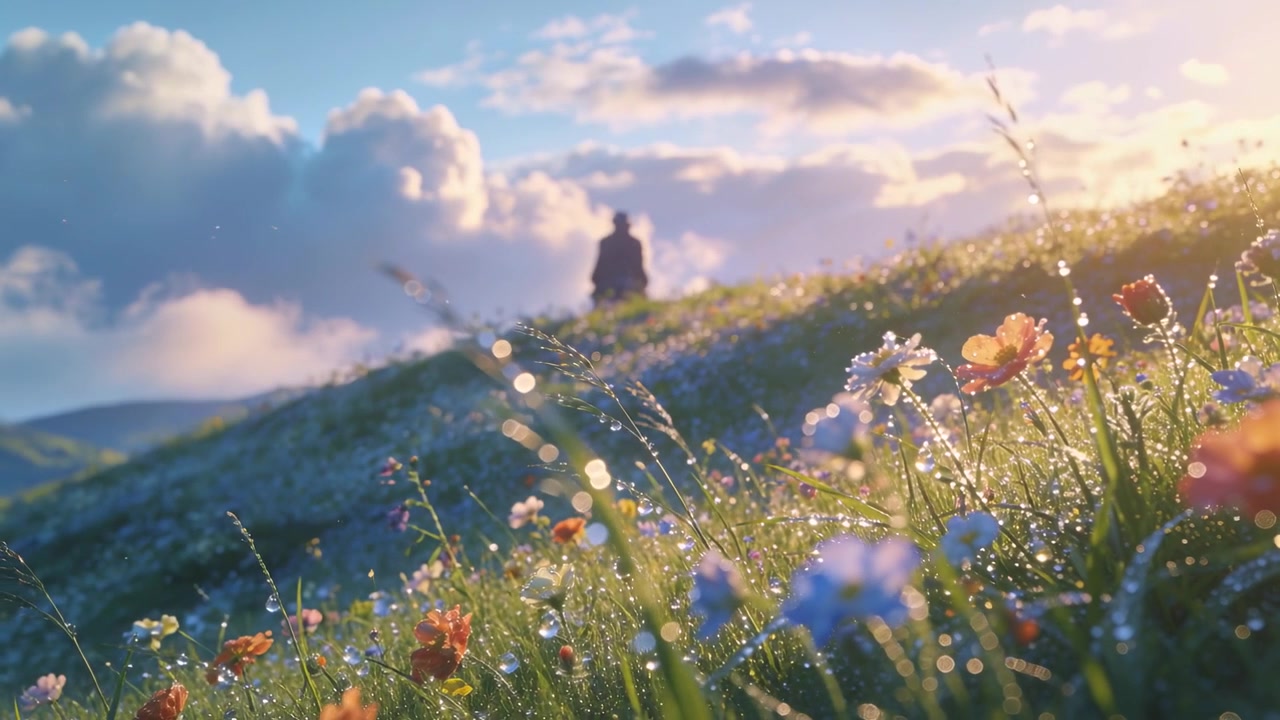 Panning camera surveying dewy flowers on slope, distant coat-clad figure standing, watching clouds