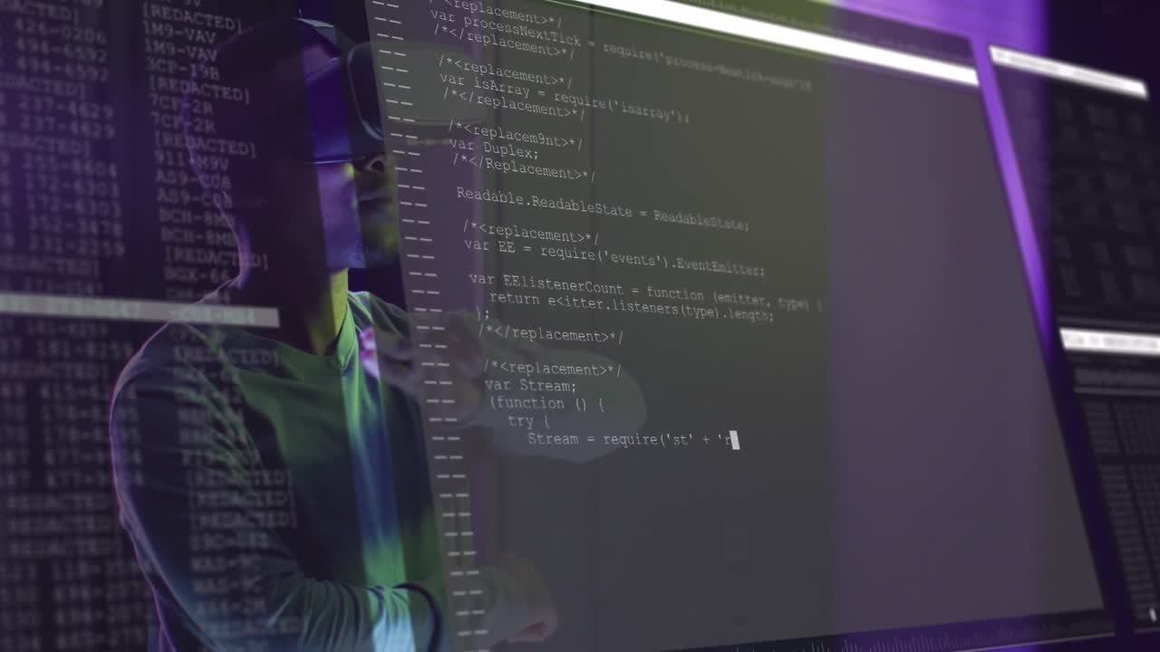 Animation of data processing over african american man using vr headset in server room