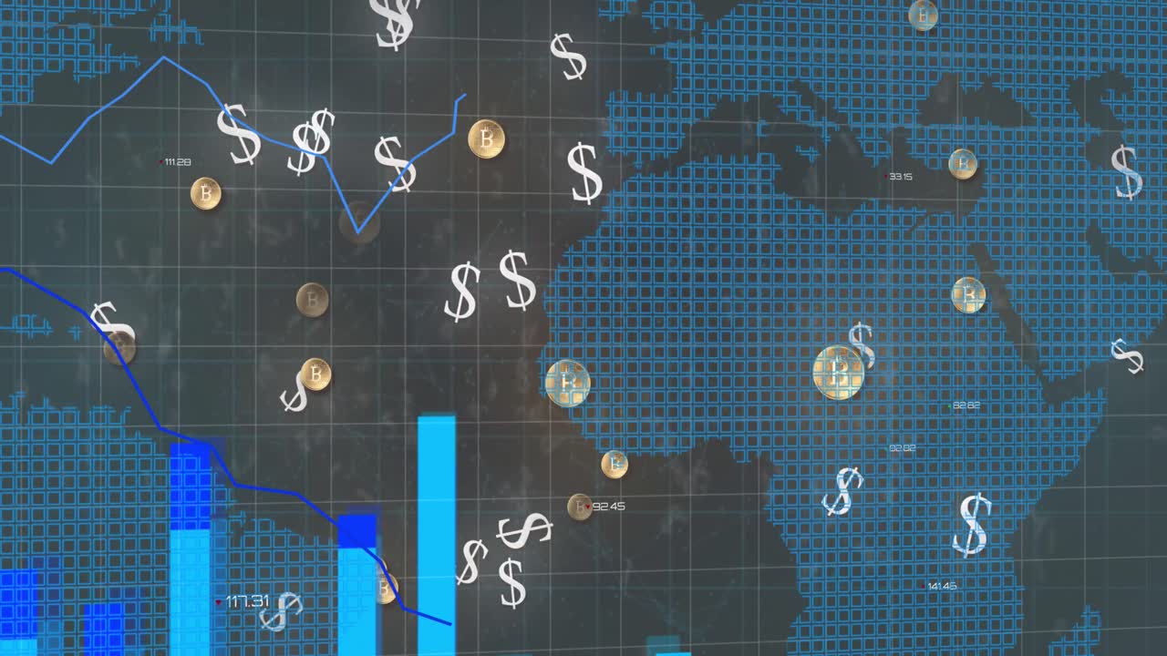 세계 지도와 함께 미국 달러 기호와 파란색 선 통계의 애니메이션