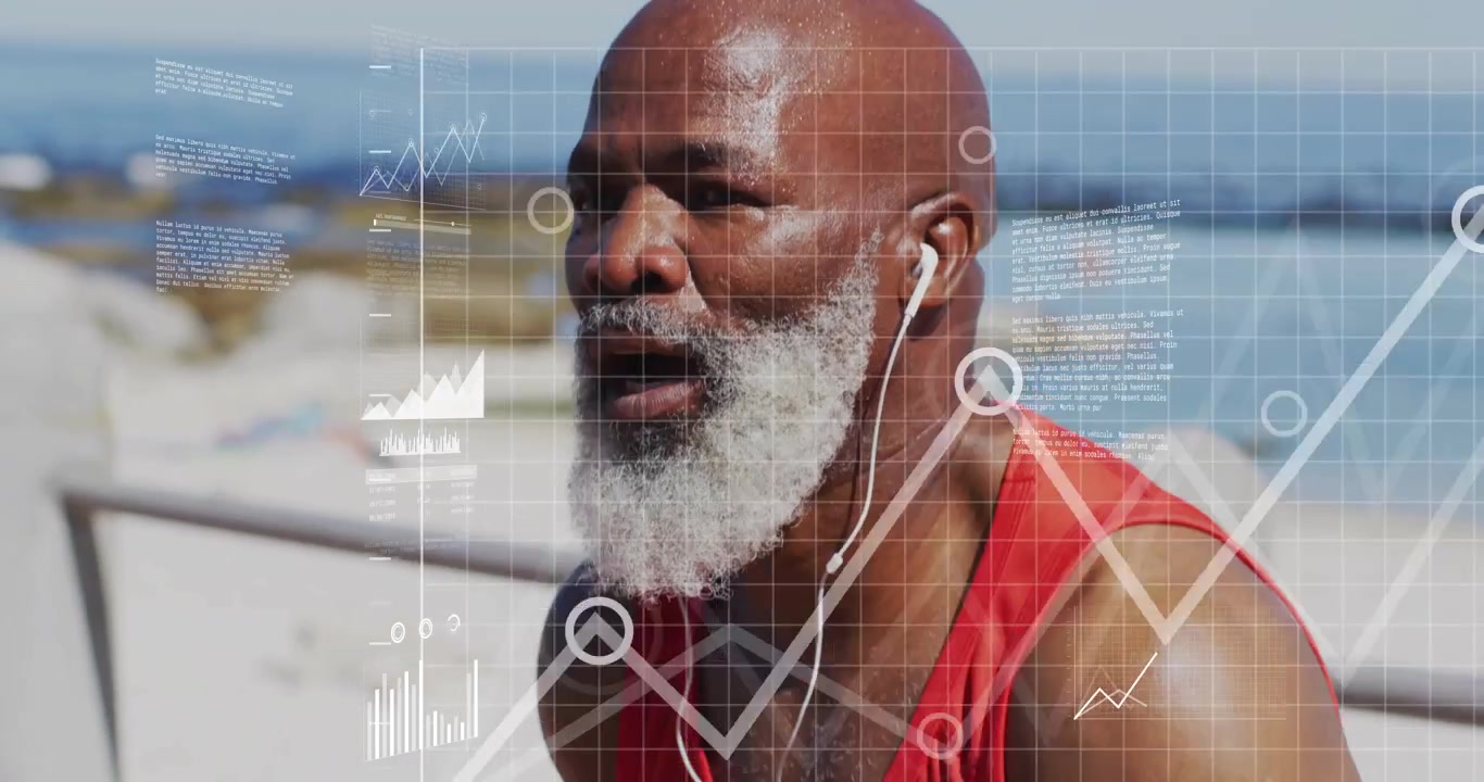 Senior African American Man Resting with Digital Health Data Overlay