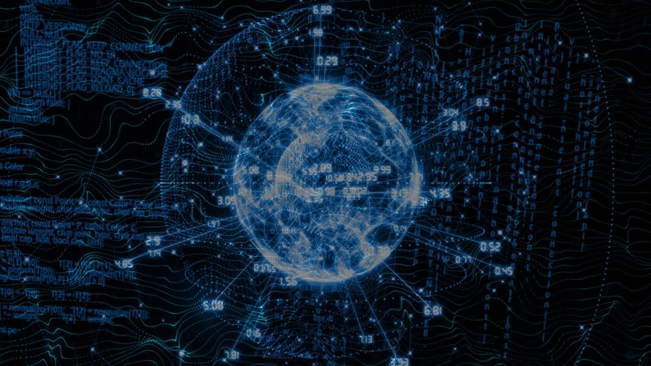 검은색 배경에 데이터 처리를 가진 연결의 지구의 애니메이션