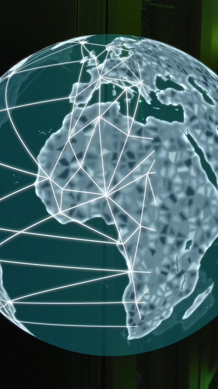 Animation of globe and data processing over computer servers