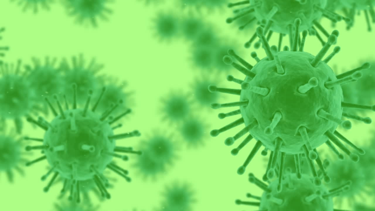 Animazione di macro cellule di coronavirus che si diffondono su sfondo verde