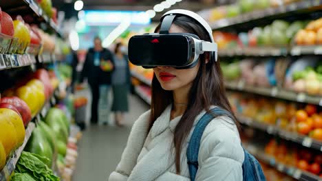 a woman wearing a virtual reality headset in a grocery store