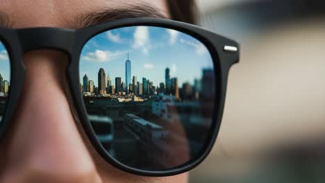 reflection of a vibrant urban skyline depicted in sunglasses, capturing a detailed view of city life and architecture against a bright blue sky