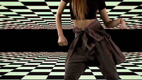 woman dancing slow motion with checkerboard squares moving above and below on black background