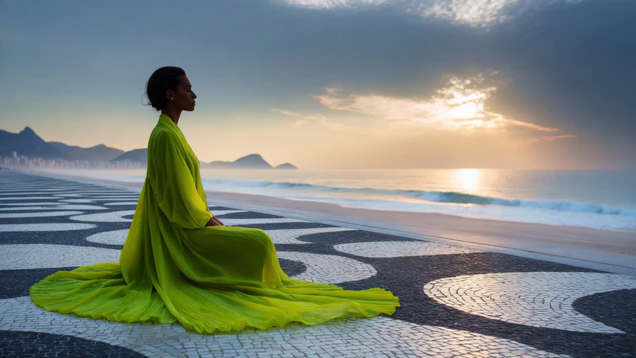 A serene moment captured at sunrise, showcasing a woman in a flowing green garment serenely contemplating the beauty of nature, with waves softly crashing on the shoreline