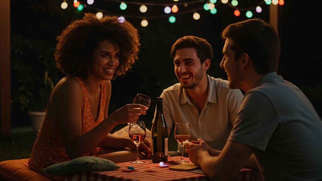 Amigos disfrutando de vino y conversación al aire libre por la noche con luces de guirnalda