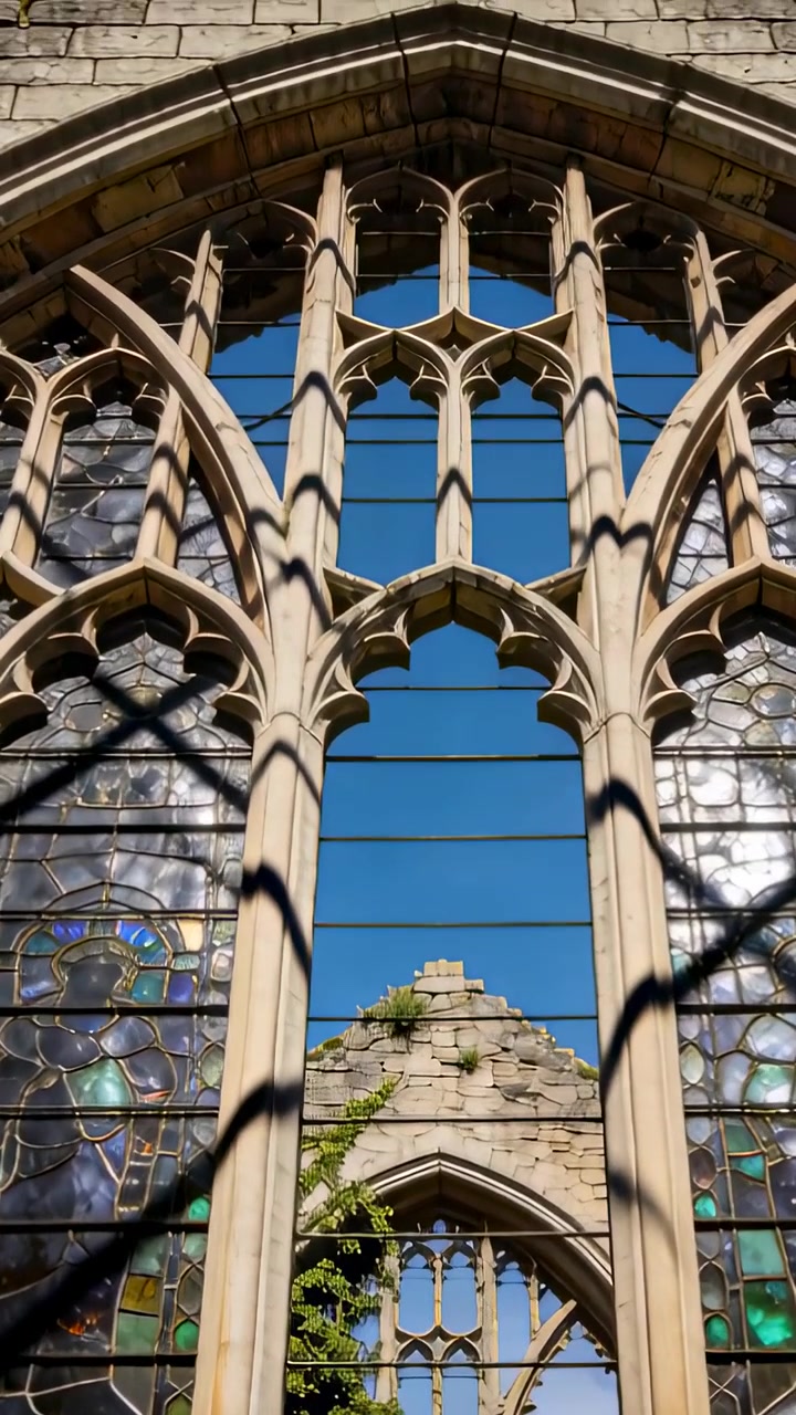 Video verticale: Telecamera che si inclina mostrando una finestra traforata in una cappella, rivelando un timpano, il cielo e vetrate colorate.