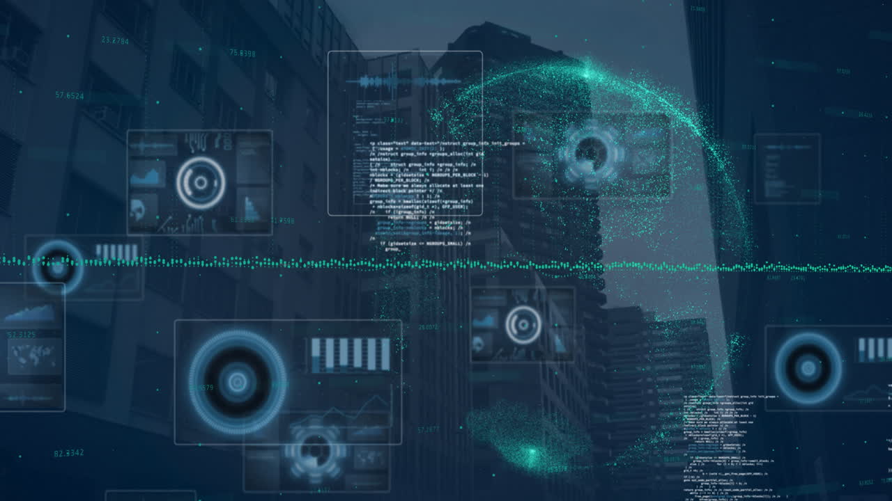 Composition of data processing on screens over globe and cityscape