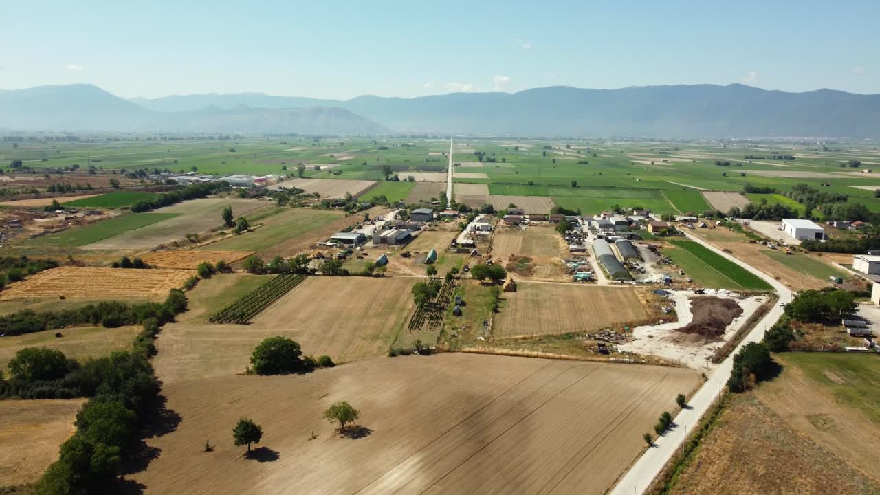 Aerial view of farmland and mountains