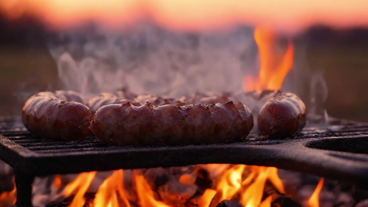 Salsicce sfrigolanti sulla griglia al tramonto: una vista appetitosa di carni succulente che cuociono su fiamma viva con un bellissimo cielo arancione sullo sfondo.