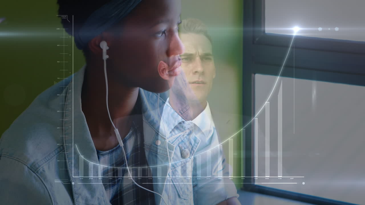 animación de gráfico sobre una estudiante afroamericana usando auriculares