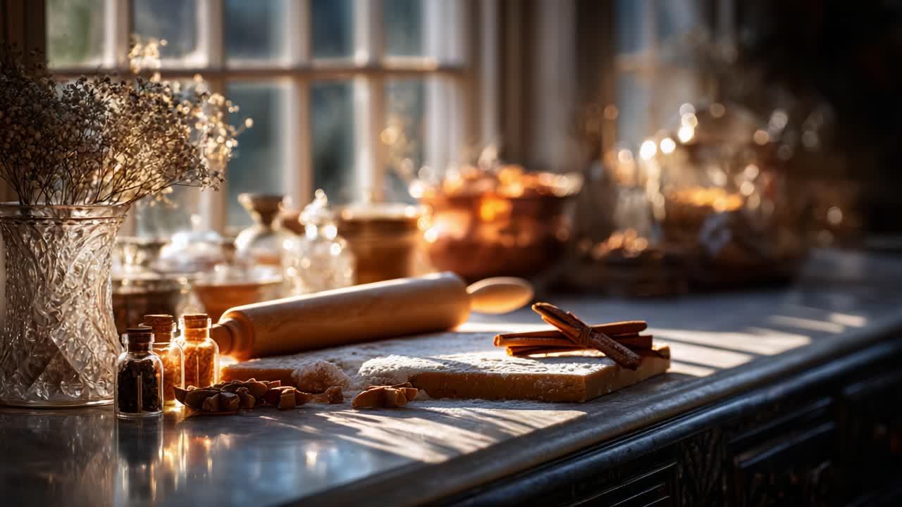 A Cozy Baking Scene Capturing the Warmth of Cinnamon, Flour, and Natural Light, Illuminating an Inviting Kitchen with Bottles of Spices and Beautiful Glassware by the Window
