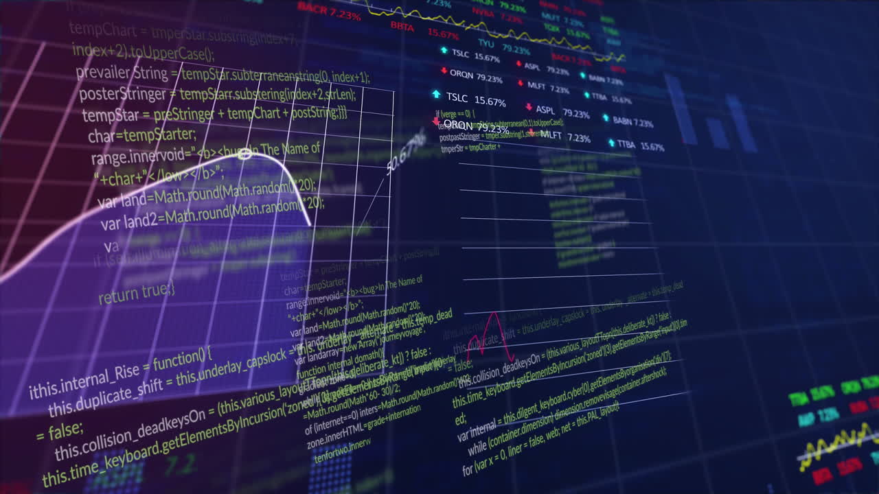 Animation of computer language, graphs and trading boards over black background