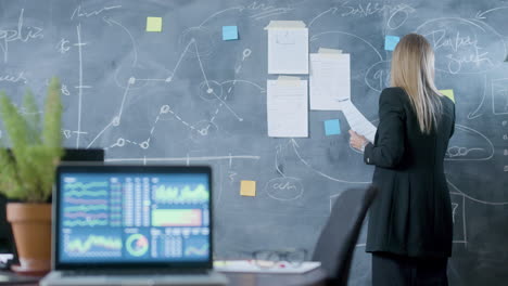 blonde woman writing with chalk on blackboard