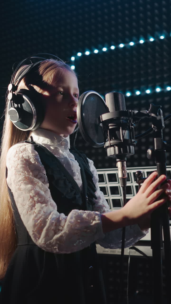 el niño se aferra al soporte del micrófono bailando en su lugar. la niña con el pelo largo baila cantando en el micrón con auriculares. el joven artista graba la canción