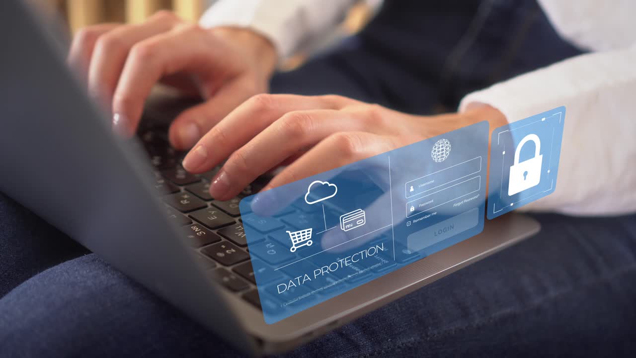 mujer escribiendo en su computadora portátil en el entorno de la oficina y haciendo pagos en línea con billetera digital y inicio de sesión seguro, protección de datos de seguridad, vpn, seguridad cibernética de internet, protección contra delitos cibernéticos