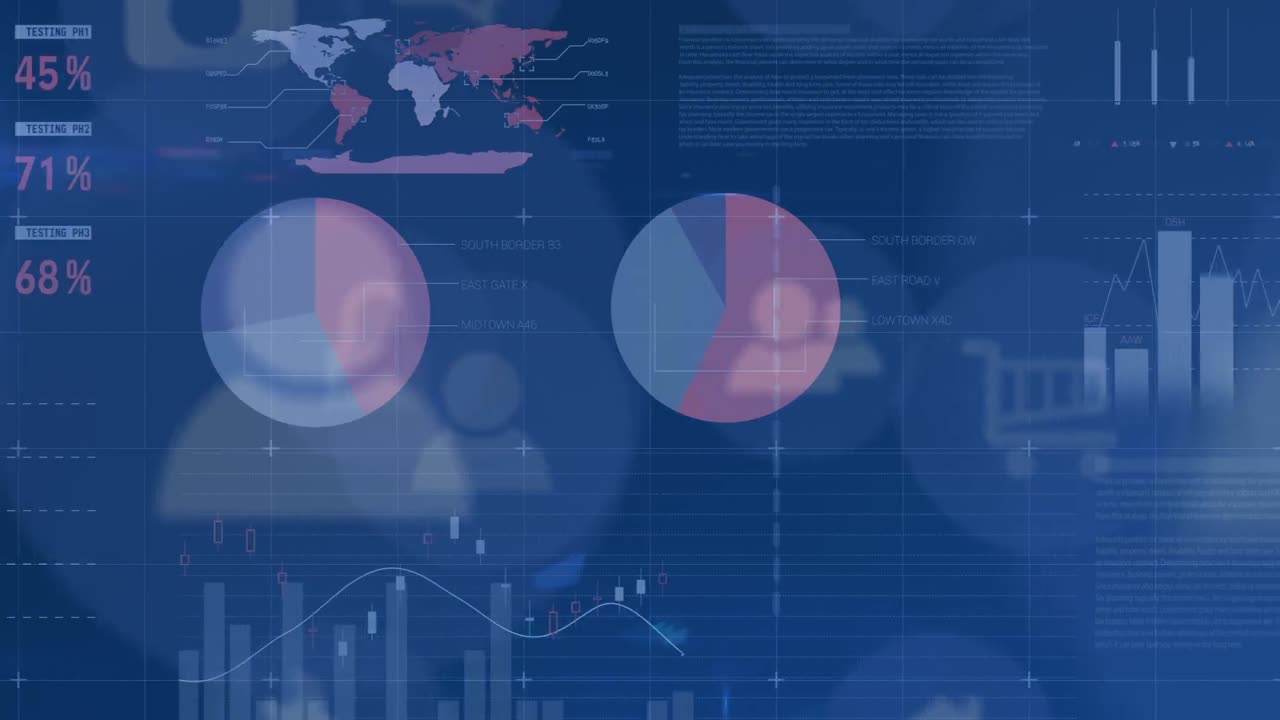 Animation of people icons, statistics and data processing on screen